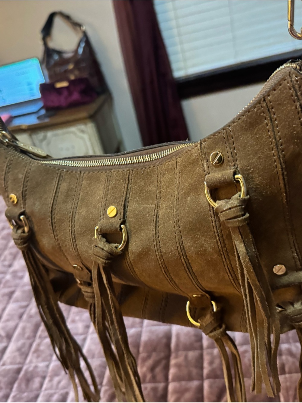 Michael Kors Presley Coffee Brown Suede Fringe Shoulder Crossbody Bag